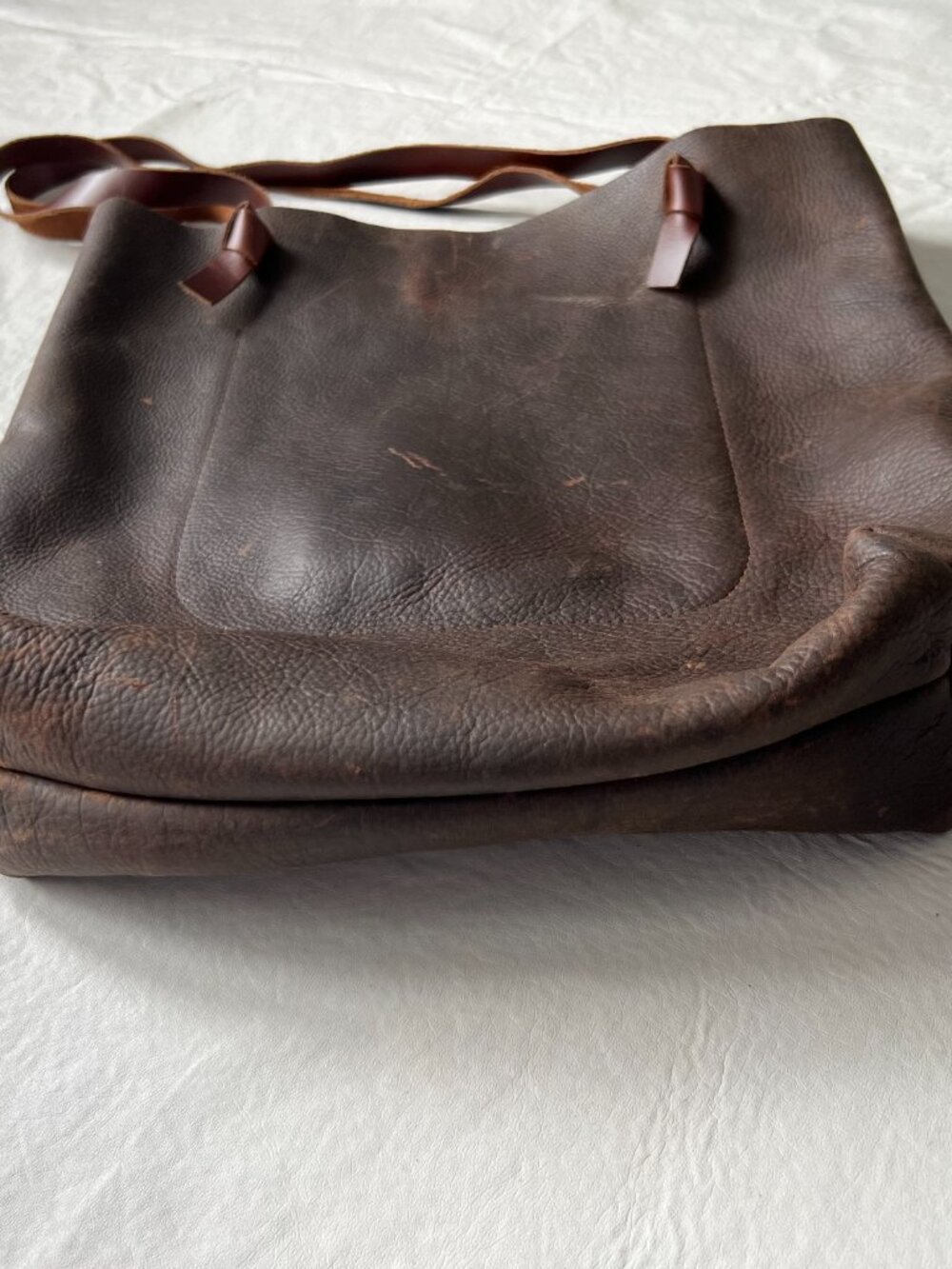 Milestone leather tote bag brown knot knotted top handles rectangular open - Picture 5 of 7